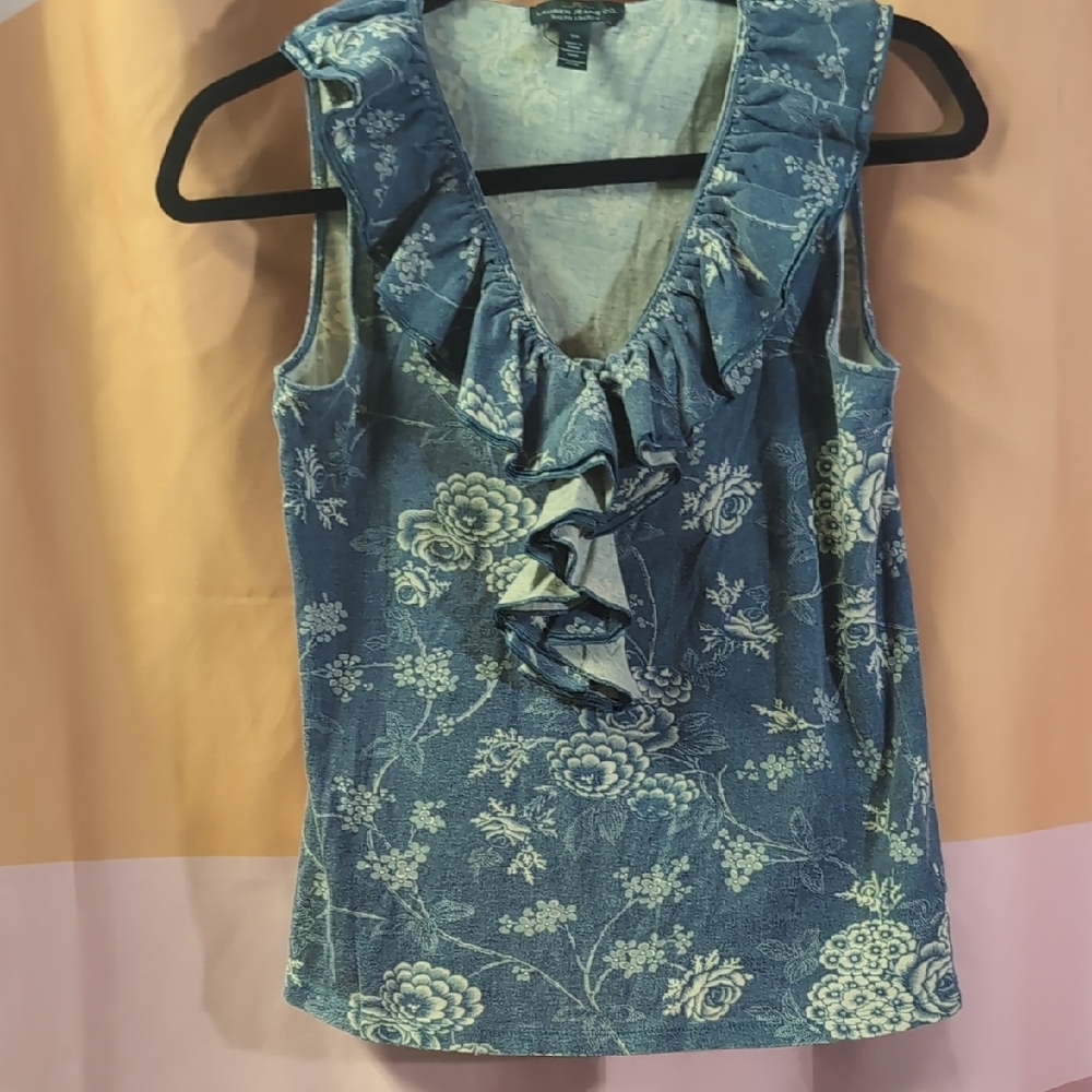 Jean Ralph Lauren Floral Blue Sleeveless Top XS Vintage Y2K Style
